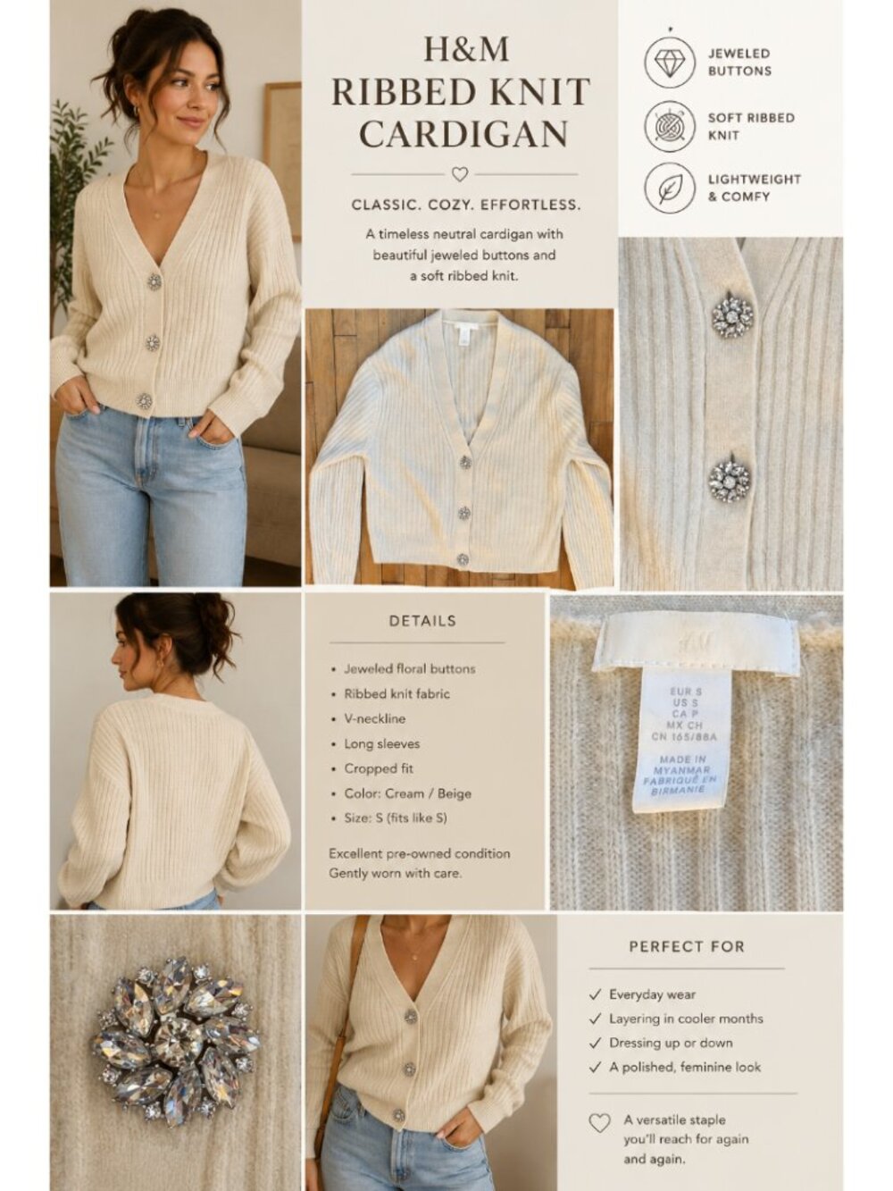 H&M Cream Ribbed‎ Cropped Cardigan with Jewel Buttons, Small with Stretch, Fuzzy